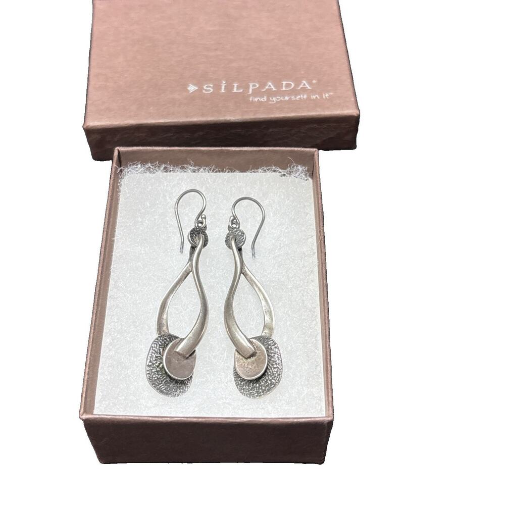 Retired Silpada 925 Sterling Silver Modernist Style Drop Hook Earrings Textured
